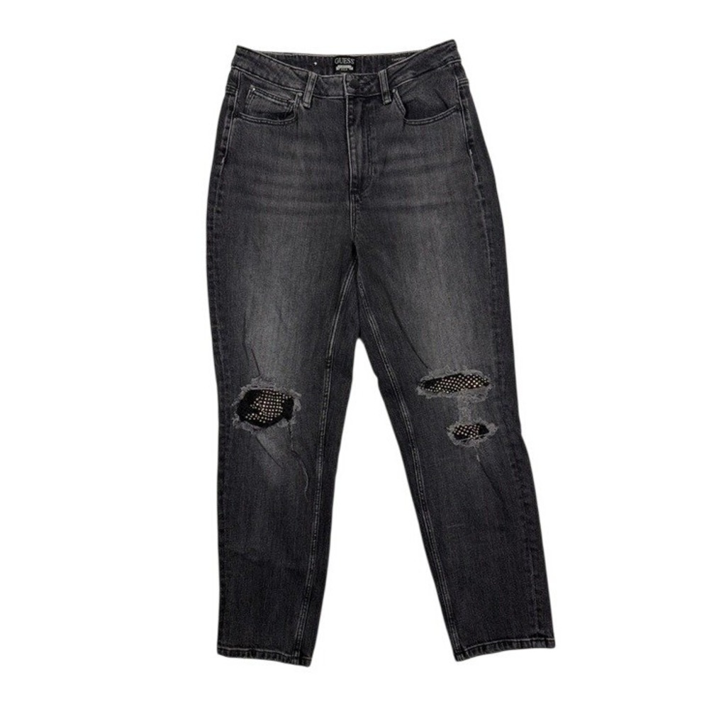 Guess Tapered High Mom Jeans Womens 29 Washed Black Distressed Mesh W3BA21 D4QDA
